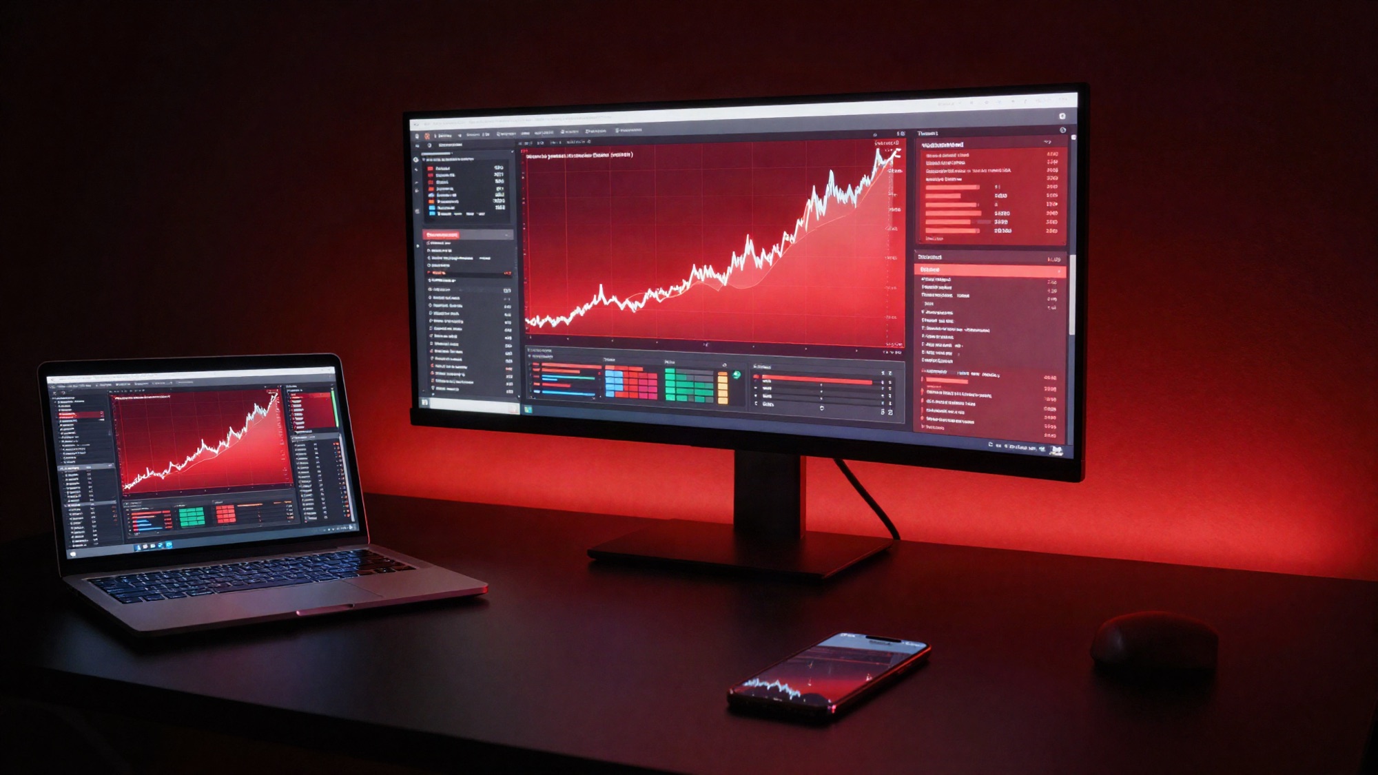 Dark studio workspace with glowing screens and red light